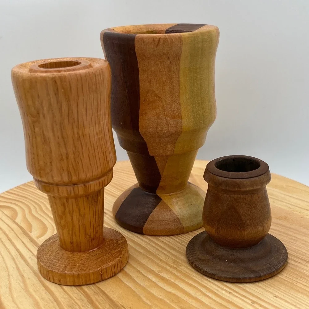 Vtg Mid Century Modern Turned Wood Candlestick Holders Set 3 minimalist